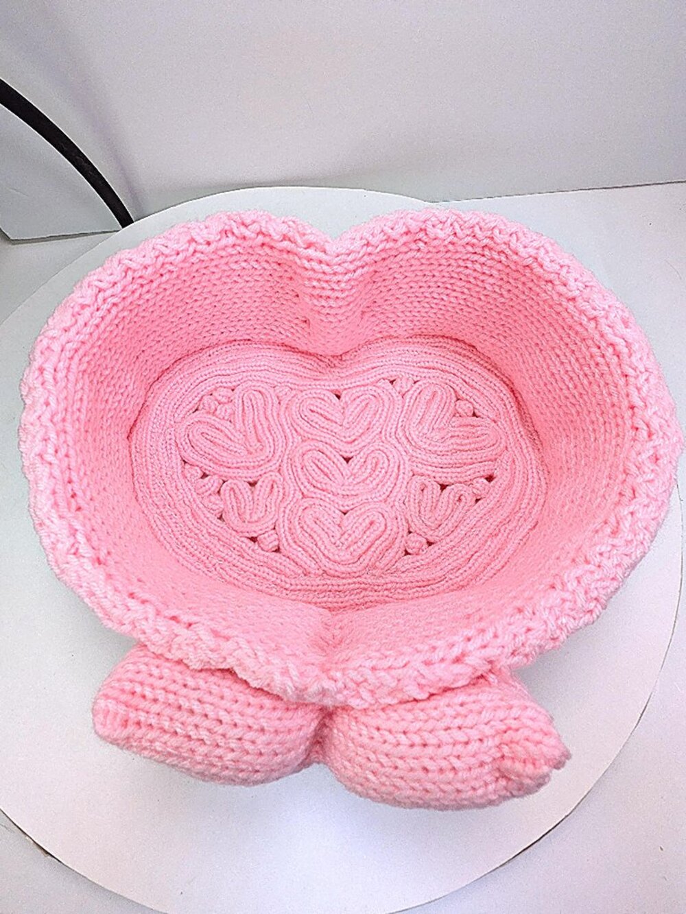 Handmade Pink Heart Crochet Basket with Bow- Valentine's - Baby Shower Girl